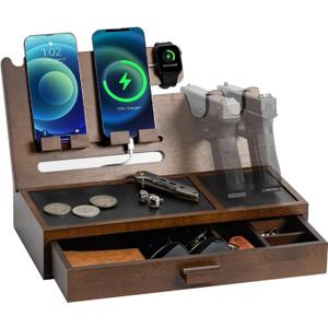Phone Docking Station as Gifts for Men, Wood Pistol Rack As Nightstand Organizer for Gun Safe, Phone Charging Station as Gifts for Him Boyfriend Father in Anniversary Birthday Christmas (Walnut)