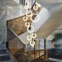 JAYMP 10 Rings Modern Dimmable LED Chandeliers for Staircase High Ceiling Living Room Wooden Base Acrylic Lampshade Pendant Light Hotel Entrance Foyer Lighting (Round Ceiling Base, 10 Rings)