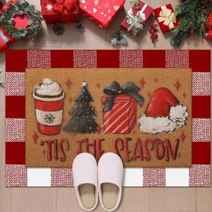 Tinideya 2 Pcs Door Mat Welcome Non Slip Coir Mats Floor Layering Doormats Seasonal for Front Porch Entryway Decor(Santa) (23.6 x 35.4 Inches, Red Brown Green)