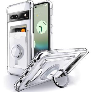 Shields Up for Pixel 6A Case Clear, Minimalist Wallet Case with Card Holder [3 Cards] & Ring Kickstand/Stand, Drop Protection Slim Protective Cover for Google Pixel 6A 5G -Clear