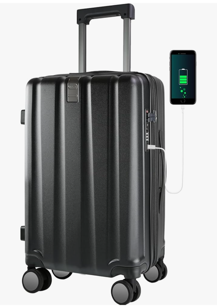 KROSER Hardside Expandable Carry On Luggage with Spinner Wheels & Built-in TSA Lock, Durable Suitcase Rolling Luggage with USB Port, Carry-On 20-Inch, Black