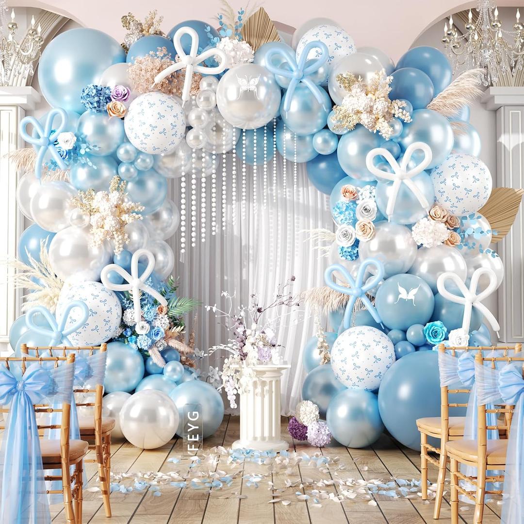 Dusty Blue Balloon Arch Kit, Double Stuffed Light Blue Pearl White Balloon Arch Garland Kit with Bow Print Balloons for Wedding Birthday Baby Shower Bachelorette Gender Reveal Bridal Decorations