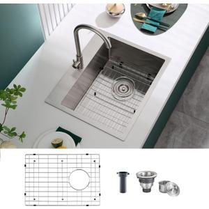 22 inch Drop-in Kitchen Sink Single Bowl, Small Topmount Kitchen Sink with Protective Bottom Grid, Overmount 304 Stainless Steel Kitchen Bar Sink Handmade with Basket Strainer, 22189 inch
