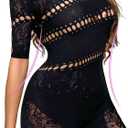 Womens Lingerie Fishnet Dress, Women's Sheer Mesh Long Sleeve Bodycon Dress - Rhinestone Embellished (Black)