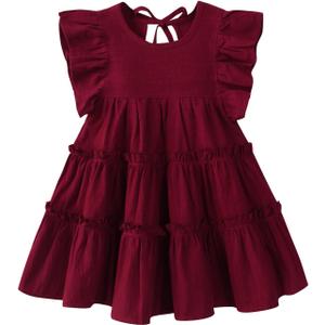 Goodplayer Toddler Baby Girl Dress Summer Cotton Linen Ruffle Halter Sleeveless Kids Casual Beach Party Dresses 1-6 Years (Wine Red Dress, 3-4 Years)