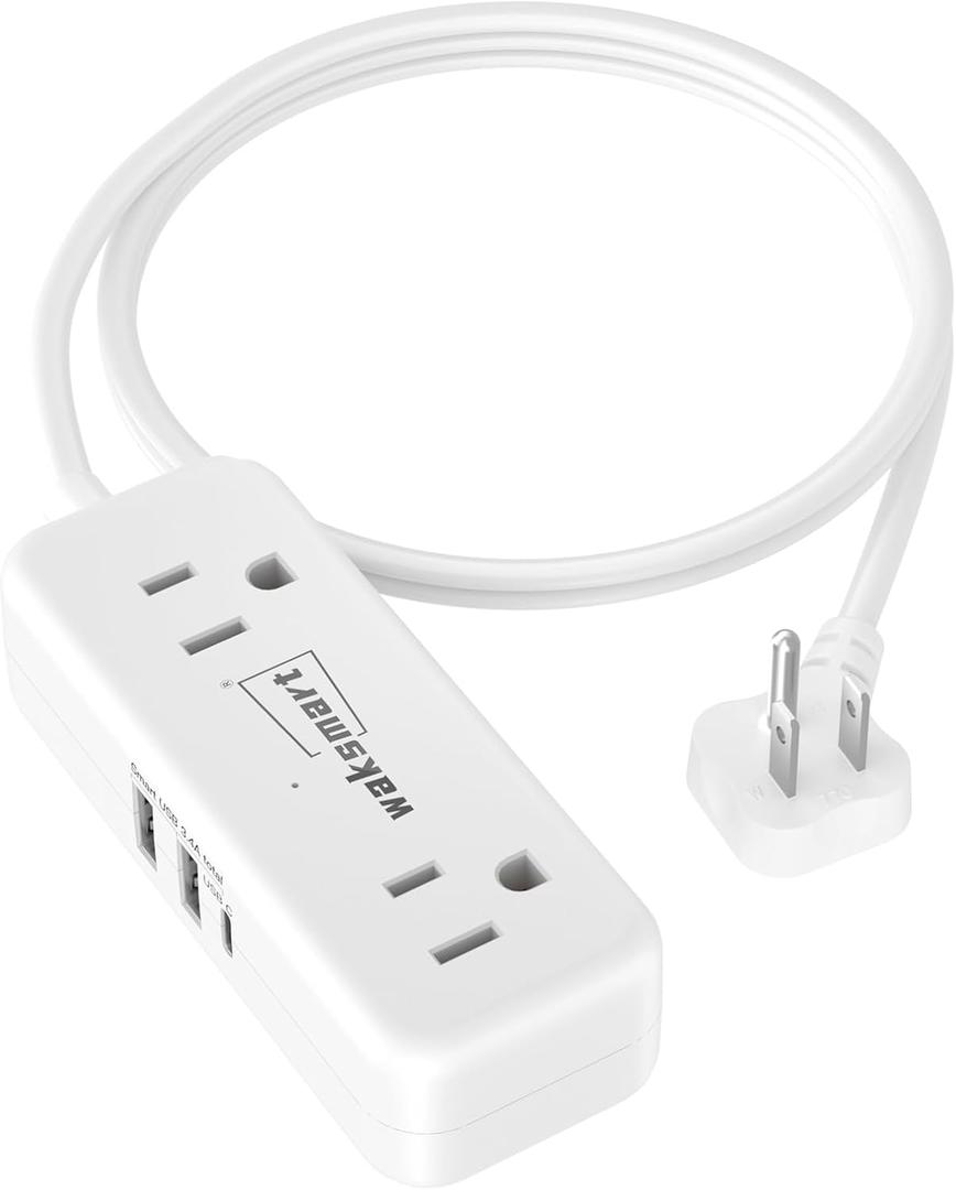 Flat Plug Extension Cord 3 Feet with 4 AC Outlets 3 USB Ports (5V/3.4A 17W), Flat Plug Power Strip Compact for College Dorm, Travel, Home, White