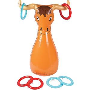 Fun Express Inflatable Bull Ring Toss - Improve Aim with 6 Inflatable Rings and Steer Horns - Easy Setup Western Cowboy Ring Toss Game for Kids Parties