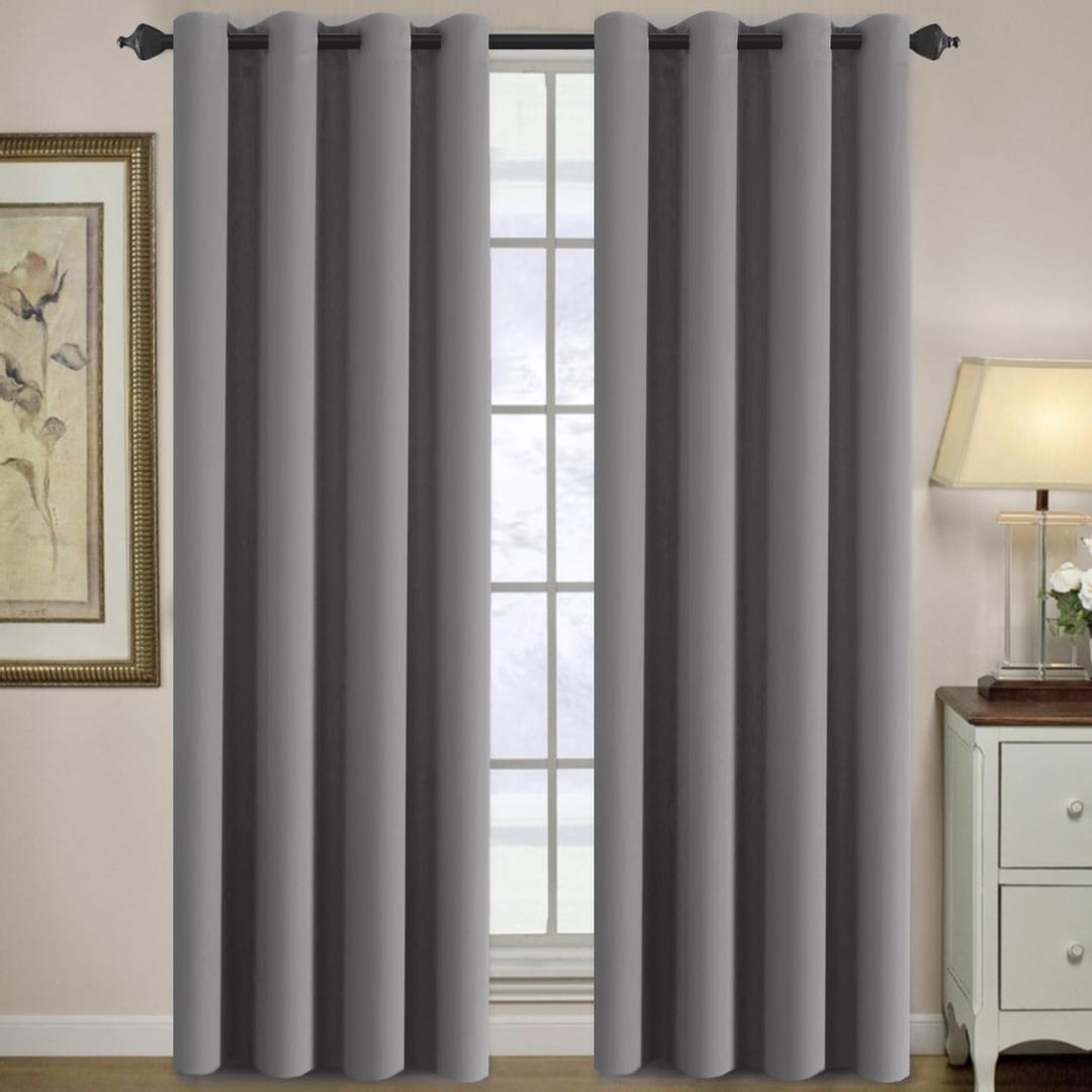 Blackout Grey Curtain for Living Room Thermal Curtain 96 Inches Long Energy Saving Blackout Curtain for Bedroom, Light Blocking Rich Curtain Draperies Grommet Top Sliding Door Curtain (1 Panel, Gray)