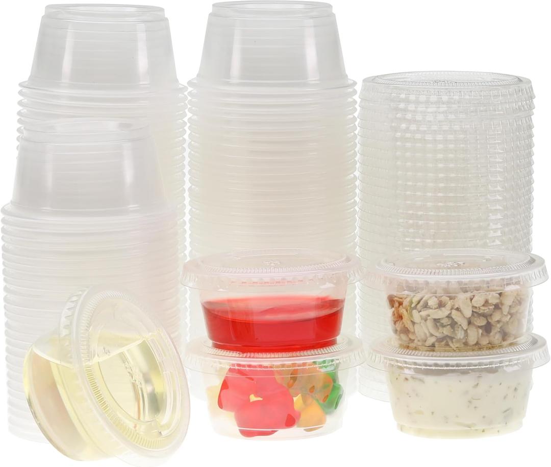 Freshware Plastic Portion Cups with Lids [2 Ounce, 400 Set] Disposable Plastic Cups for Meal Prep, Salad Dressing, Jellos Shot Cups, Souffle Cups, Condiment and Dipping Sauce Cups
