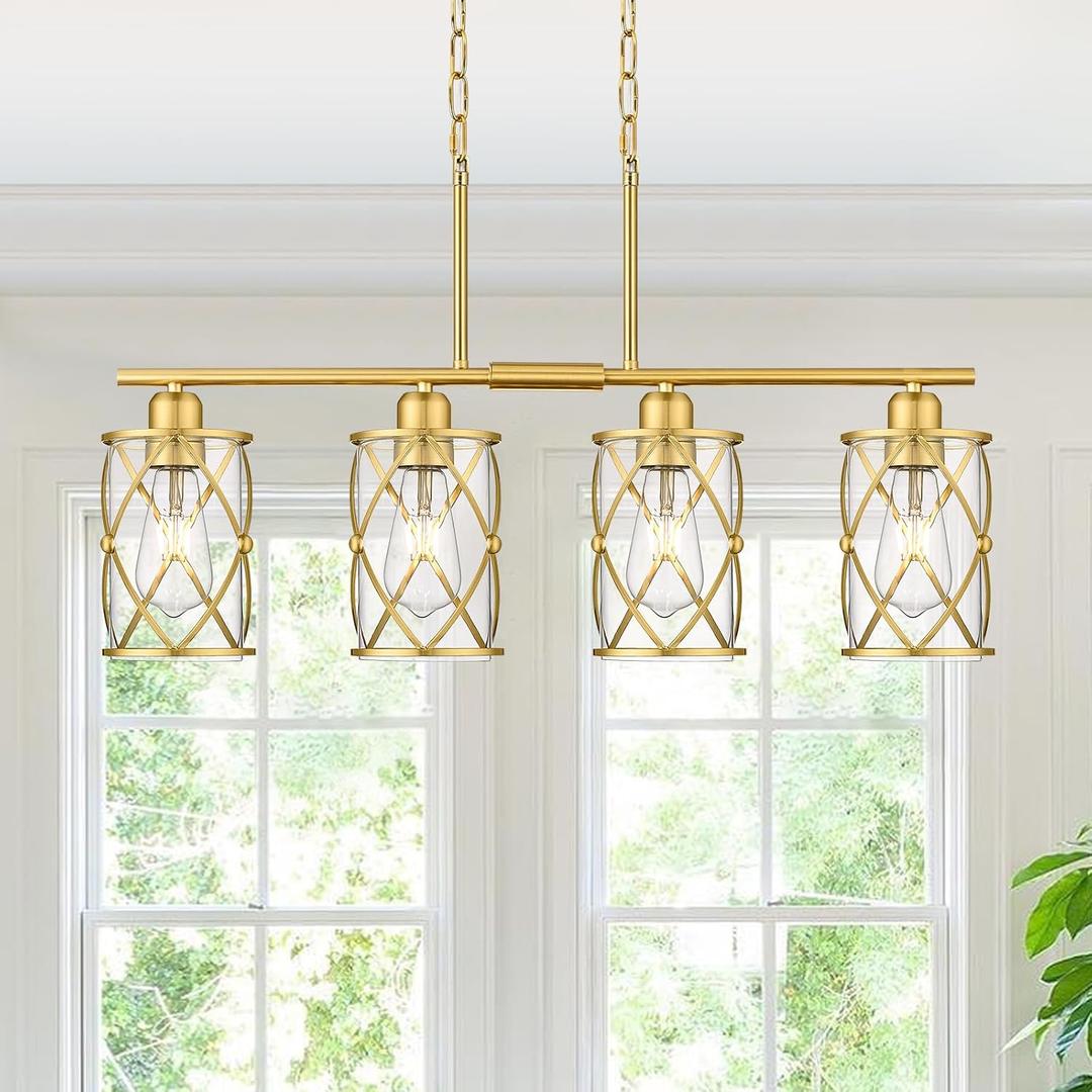 4-Light Kitchen Island Lighting, Modern Brushed Gold Dining Room Light Fixtures with Clear Glass, Farmhouse Industrial Linear Chandelier Pendant Light with Adjustable Chain, CH9176BG-4IS