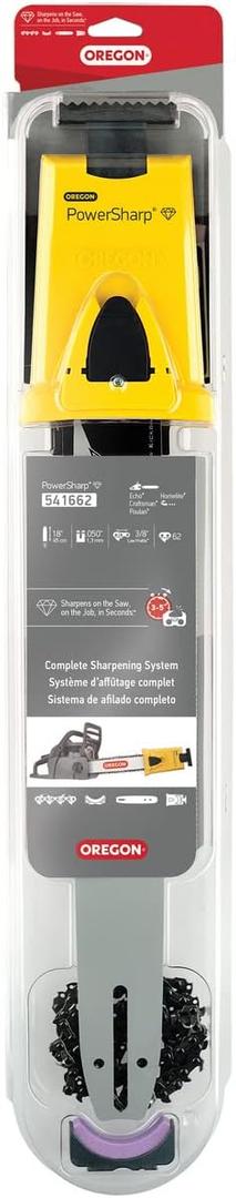 Oregon 18-inch PowerSharp Starter Kit with Bar, Sharpener, and 62 Drive Link PowerSharp Chain, 3/8" Low Profile, .050" Gauge, Portable Sharpening Tool for Chainsaws (541662)