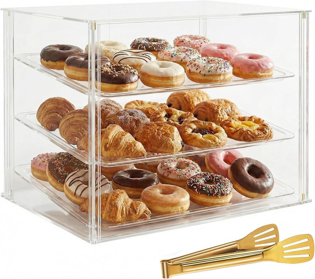 3-Tier Commercial Bakery Display Case with Removable Shelves Clear Acrylic Countertop Dessert Display Cabinet for Donuts, Cakes, Pastries