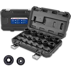 AKM 19PCS External Torx Plus Socket Set,6 Point EP Socket EP4-32 with 1/2 3/8 1/4'' Dr. EP8.8 compatible with Tesla, E-Torx Star Torque Sockets Set, Cr-v steel with High Impact Storage Case