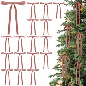 24 Pcs Velvet Bows Christmas Tree Ornaments Vintage Double Faced Velvet Ribbon Bows for Tree Garland Wreath Indoor Outdoor Xmas(5 x 7 Inch, Width of 3/8",Rose Gold)