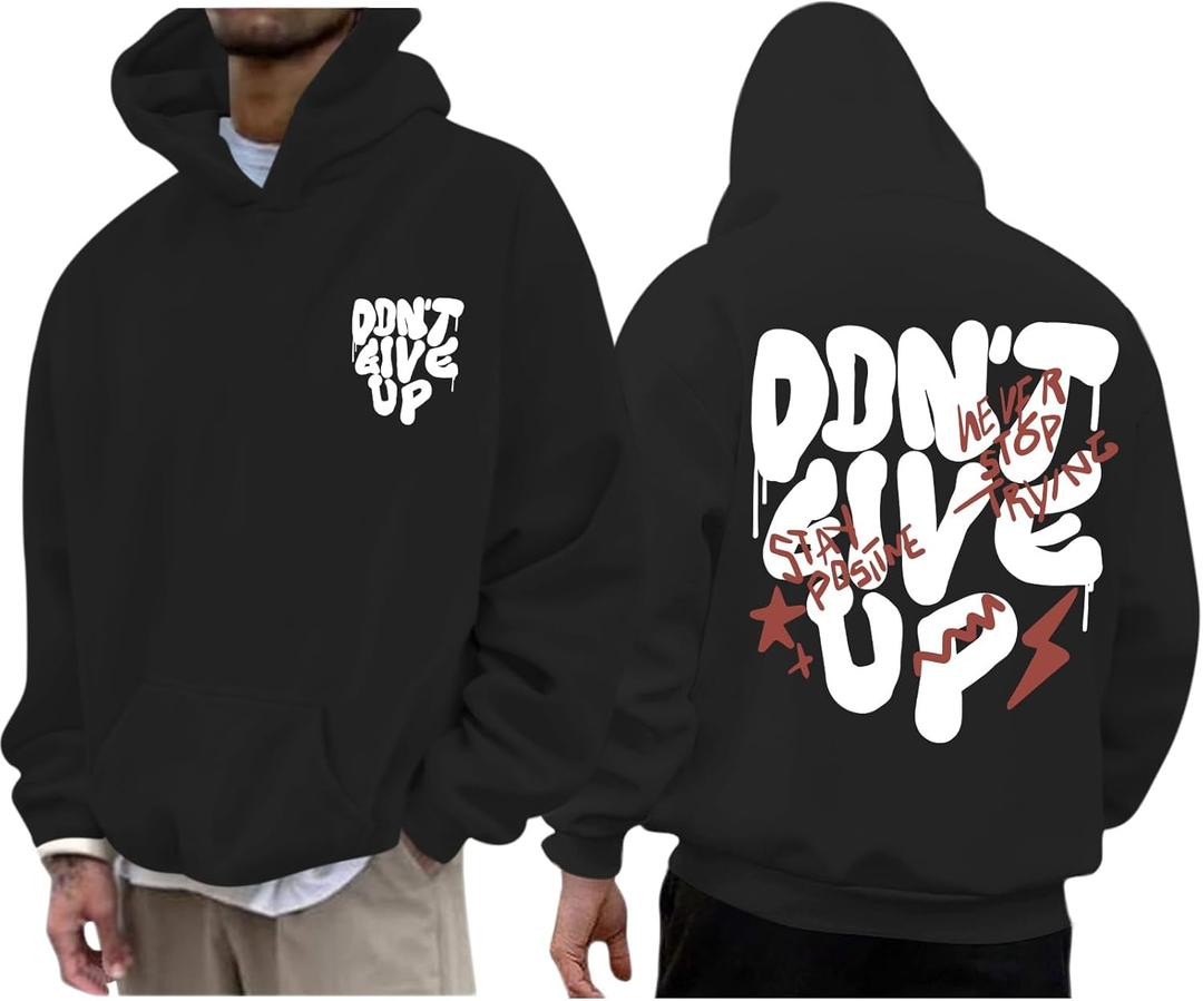 Graphic Streetwear Hoodies For Men Vintage Hoodie Inspirational Sweatshirts Positive Letter Print Cotton Pullover (X-Large, Black)