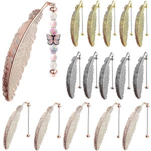 15 Packs Beadable Bookmarks Feathers Metal DIY Bookmark for Beaded Bar Bulk Blank Silicone Beads Pendants Charms Beading Book Marks Maker Craft for Book Love (Silver, Rose-Gold, Gold)