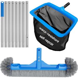 Pool Cleaning Kit Full Set - 17.5'' Self-Repair Pool Nylon Net Fine Mesh & 17.5'' Detachable Rounded End Pool Brush & 10 Ft Pool Pole, for Above Ground In-ground Pools, Spas, Hot Tubs