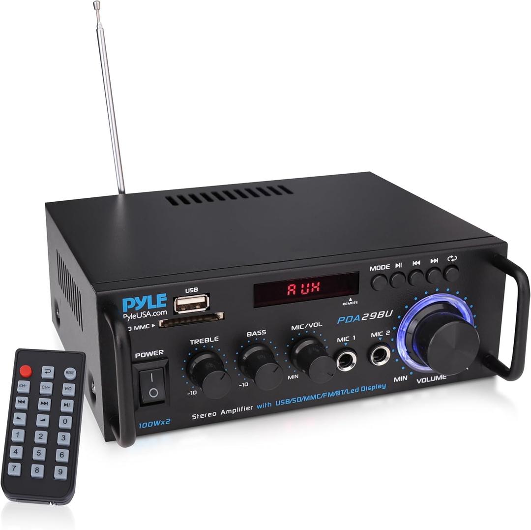 Pyle 200W Stereo Power Amplifier with Bluetooth - Dual Channel Audio Receiver - LED Display - RCA - USB - SD - MIC IN - FM Radio - AUX Input - Perfect for Home & Computer Audio - PDA29BU.5