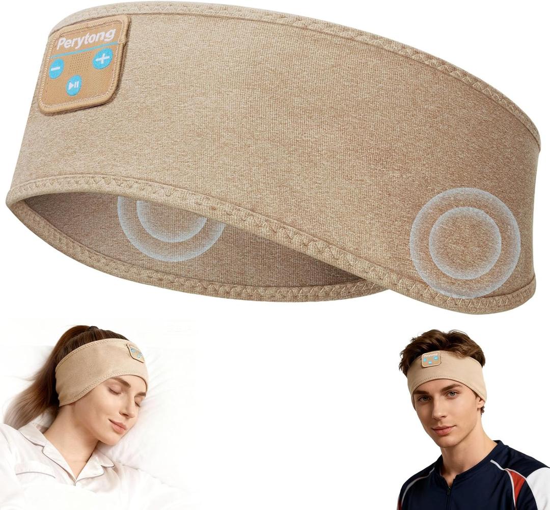 Perytong Sleep Headphones, Bluetooth 5.4 Sleep Headphones for Side Sleepers with Ultra-Thin HD Stereo Speakers, Wireless Earphones Sweat Resistant Sport for Men Women (Light Coffee)