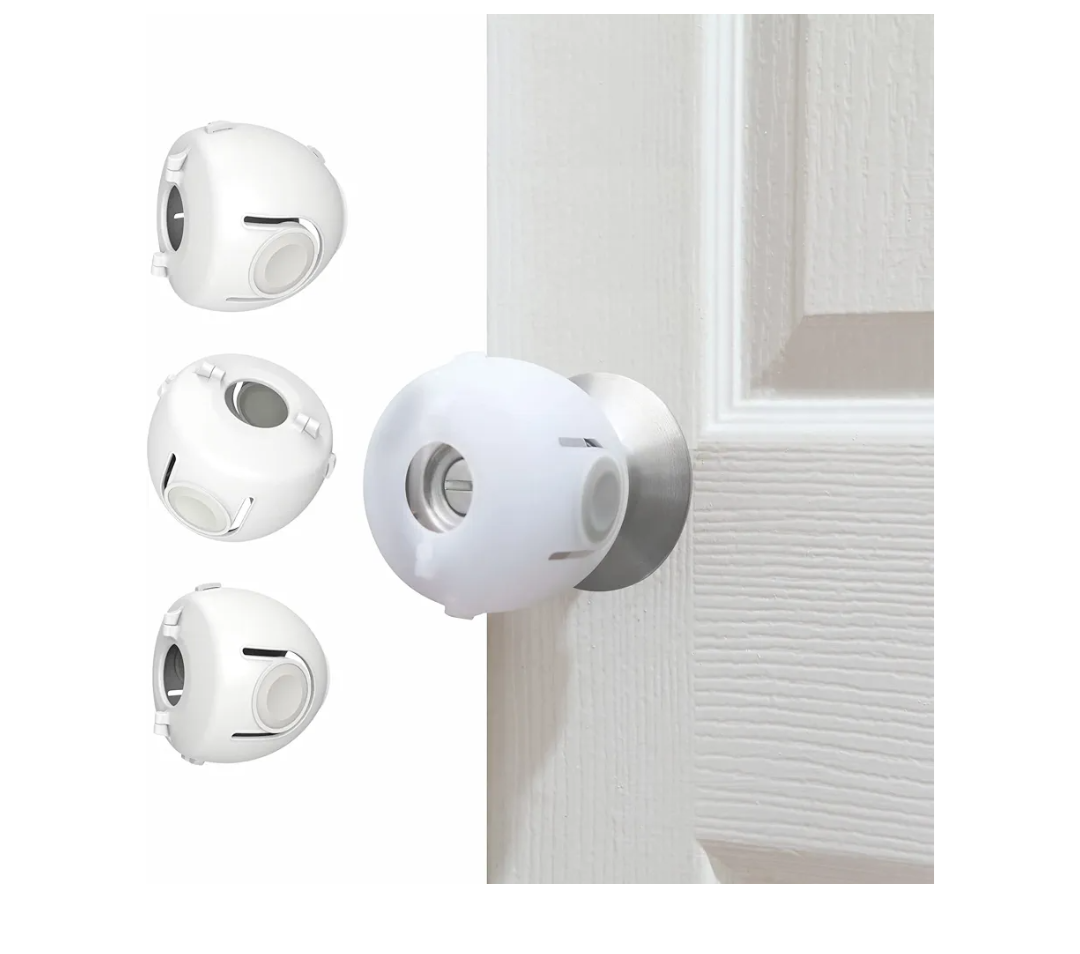 Child Proof Door Knob Covers, 4-Pack, White - Baby Safety Door Knob Covers for Toddlers, Snap-in Design for Easy Install, Durable & Non Toxic, Fits Standard Round Knobs