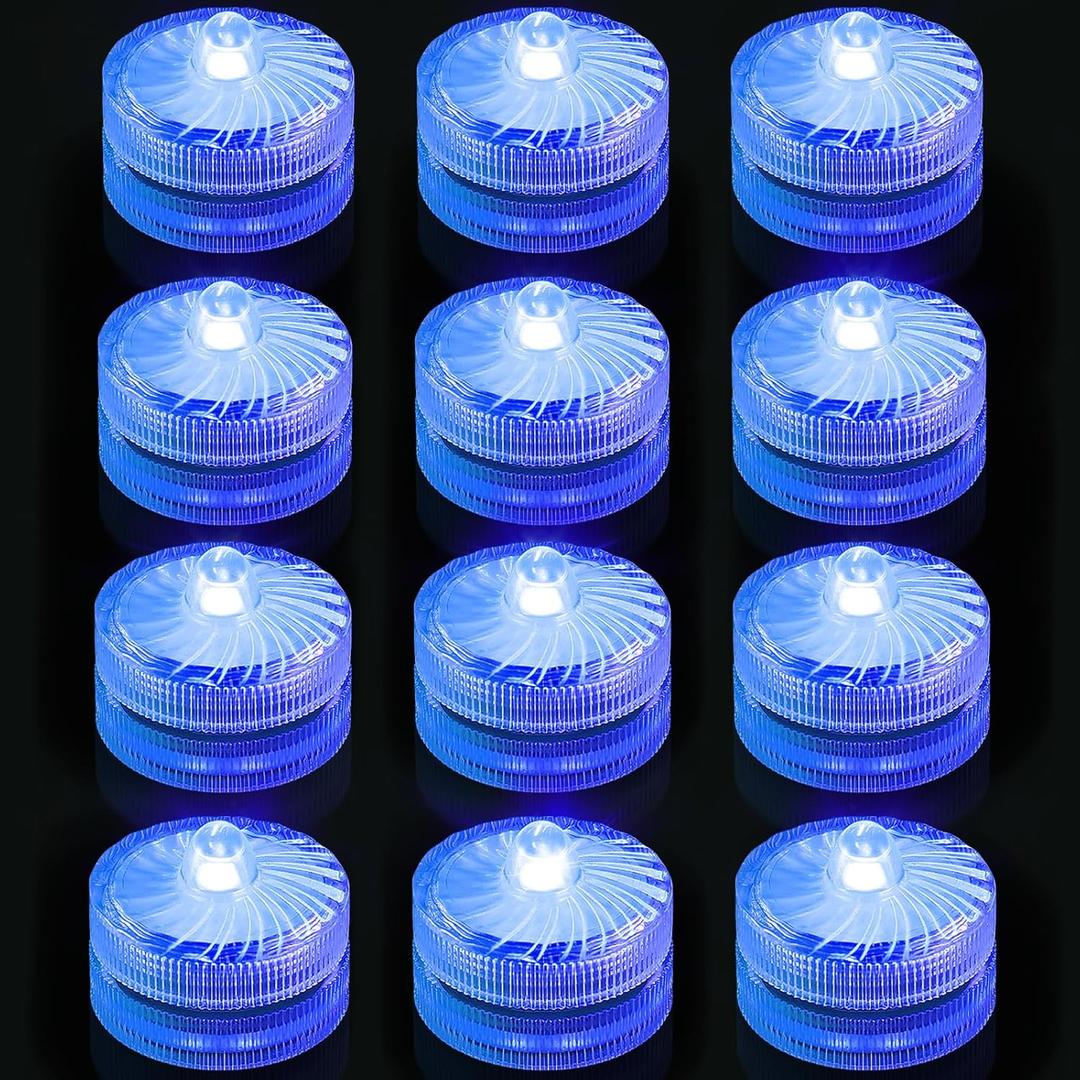 Blue Submersible Led Lights, Waterproof Tea Lights Mini Led Light 100H Battery Operated Underwater Lights for Jack-O-Lantern Decor Halloween Christmas Home Vases Wedding Party Decor (12 Pack)