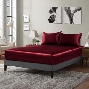P Pothuiny Satin Fitted Sheet Twin XL Size, 1 Single Fitted Sheet Only, Extra Soft Deep Pocket Bottom Bed Sheets Mattress Cover Fits 12" to 16", Wrinkle Free, Fully Elasticized (Burgundy)