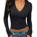 Prettywear Sexy Deep V Neck Long Sleeve Shirts for Women Ribbed Knit Going Out Tops Fitted Casual Basic Tee 2025 Fall Clothes, S