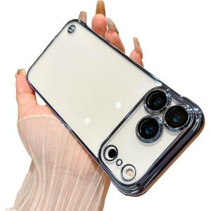 Frameless Electroplated Clear Case for iPhone 17 Pro Max Built-in Camera Lens Protector,Slim Thin High Transparent Hard PC Back Anti-Fall Anti-Fingerprint Phone Cover[Not-Yellowing](Light Blue)