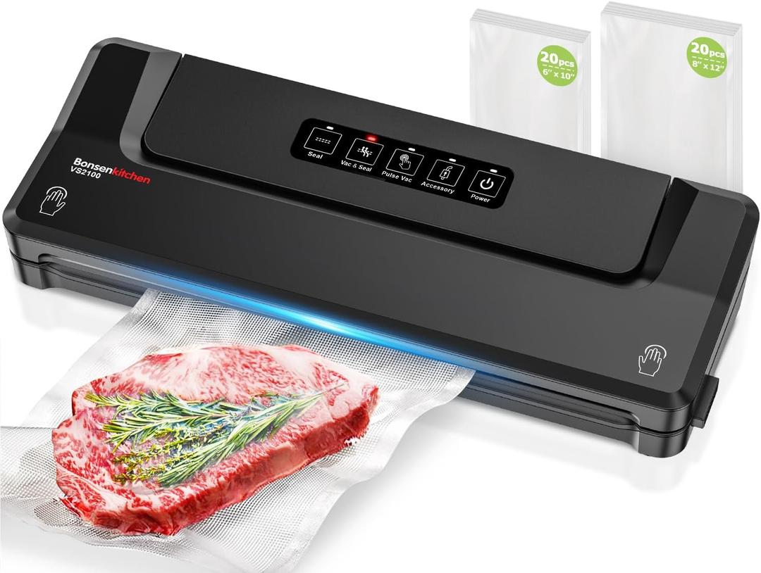 Bonsenkitchen Vacuum Sealer Machine with 40 Bags | Compact Food Sealer for Kitchen Storage & Meal Prep | Multiple Modes | External Vacuum System, Black