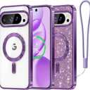 Meifigno Candy Series Case Designed for Google Pixel 10 Pro XL 6.8", [Glitter Card & Wrist Strap] [Compatible with MagSafe] Transparent Back and Electroplated Edges for Pixel 10 Pro XL Case, Purple