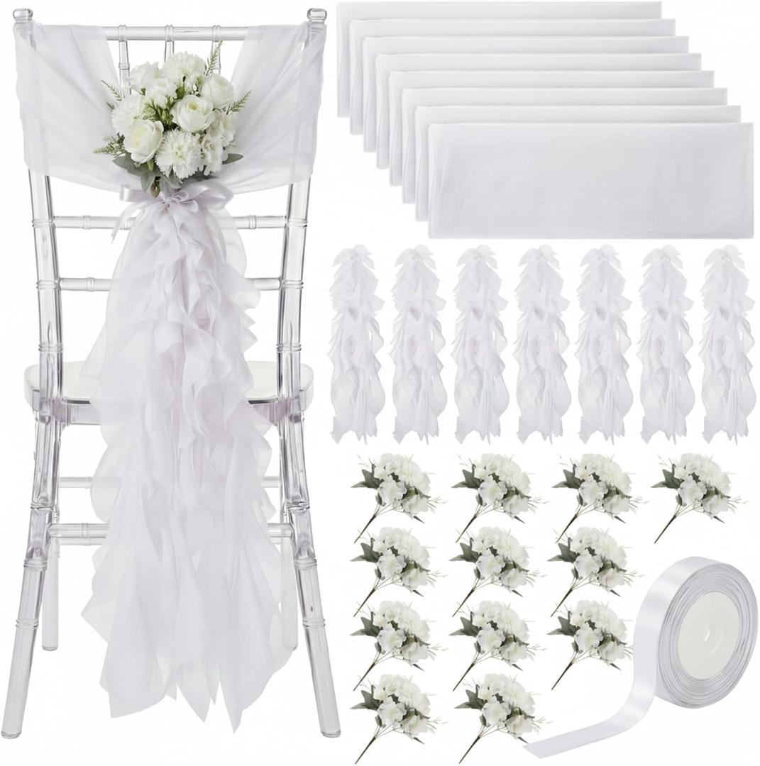 Moukeren 12 Packs Wedding Chair Sashes Aisle Decoration Church Pew Decorations for Wedding Tulle Tutu Chair Covers with Artificial Flowers Ribbon for Ceremony Bridal Party Baby Shower Banquet(White)