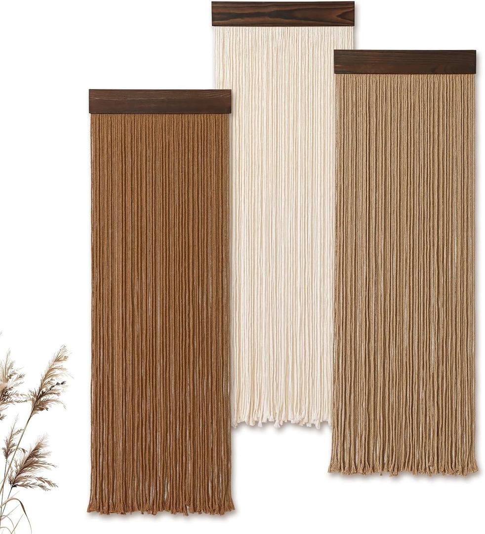 KHOYIME Macrame Wall Hanging Boho Chic Home Decor, 3PCS Bohemian Brown Beige Tassel Yarn Tapestry Modern Handmade Large Wall Art Decorations for Living Room Bedroom Office Nursery Dorm 11.8''W x 36''L
