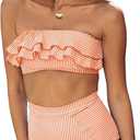 Saodimallsu Women High Waisted 2 Piece Bikini Set Bandeau Ruffle Swimsuit Top Striped Bathing Suits (Large, Orange)