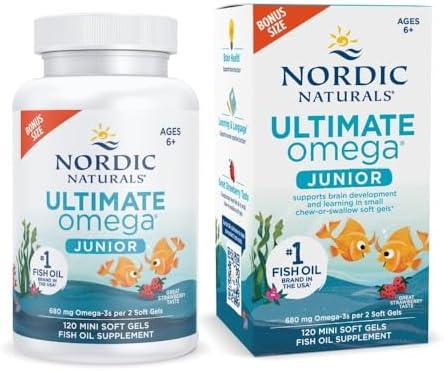 Nordic Naturals Ultimate Omega Jr., Strawberry - 120 Mini Soft Gels - 680 Total Omega-3s with EPA & DHA - Brain Health, Mood, Learning - Non-GMO - 60 Servings Exp 09/2028