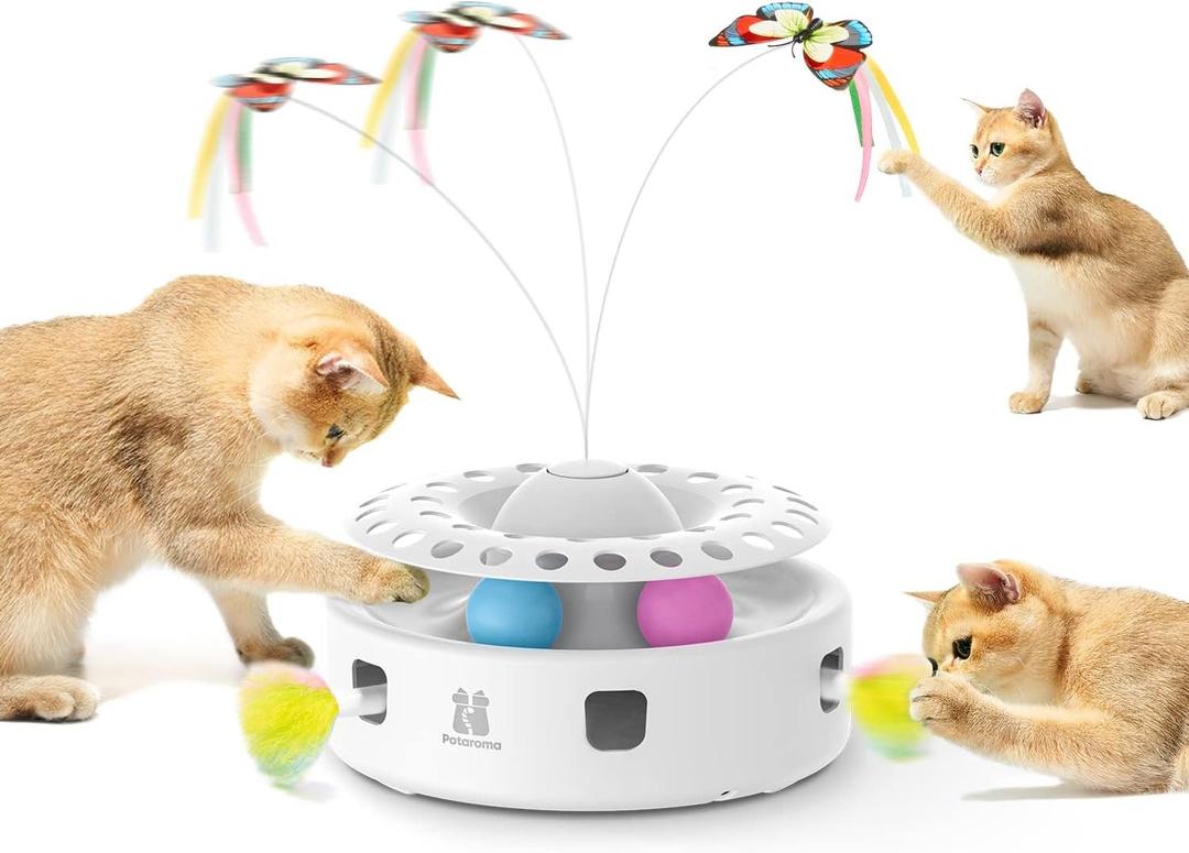 Potaroma Cat Toys 3in1 Automatic Interactive Kitten Toy, Fluttering Butterfly, Moving Feather, Track Balls, Dual Power Supplies, USB Powered, Indoor Exercise Kicker (Bright White) Potaroma Cat Toys 3in1 Automatic Interactive Kitten Toy, Fluttering Butterfly, Moving Feather, Track Balls, Dual Power Supplies, USB Powered, Indoor Exercise Kicker (Bright White)