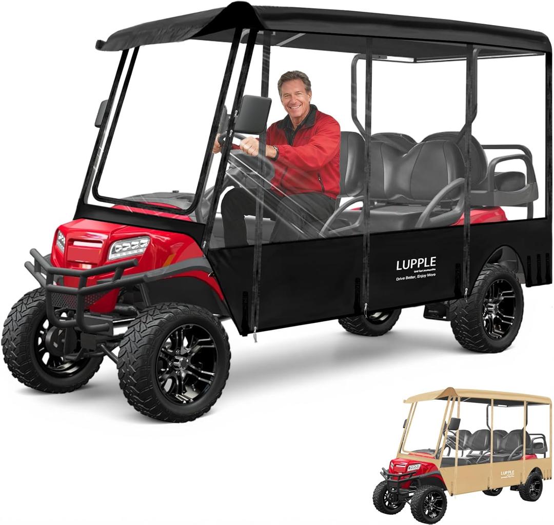 Golf Cart Enclosure 2 4 6 Passenger for EZGO TXT RXV, Club Car Precedent DS, Evolution, Yamaha, All Models Rain Cover for 54"-124" Short or Extended Long Roof, Golf Cart Accessories (Black)
