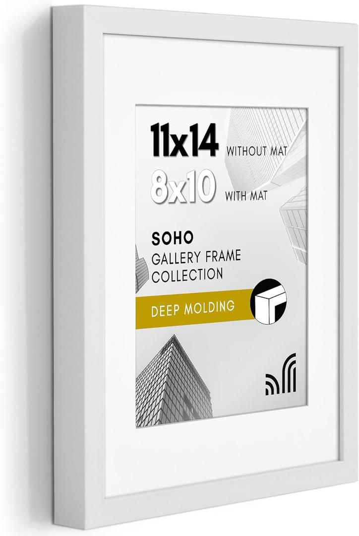 Americanflat 11x14 Picture Frame with Shatter-Resistant Glass - Use as 8x10 Frame with Mat or Display 11x14 Photo Without Mat - Soho Collection - Deep Molding Picture Frames for Wall Display - White