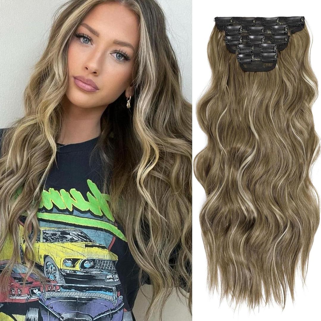 WOKAA Synthetic Clip in Hair Extensions 20 Inch Wavy Hair Extensions Clip Ins 5Pcs Light Brown Mix Blonde Synthetic Curly Hair Hairpieces for Women