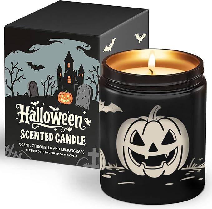 Halloween Decorations Indoor Gifts for Women, Halloween Scented Candles with Citronella, 10oz Soy Wax Candles for Home Scented, Citronella Aromatherapy Candles Outdoor and Party Decor, Pumpkin Pattern, 2 Pack