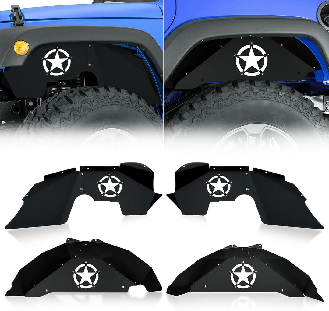 for Wrangler JK Front and Rear Inner Fender Liners Back Wheel Well Cover Compatible with 2007-2018 Jeep Wrangler JK & JKU 2/4 Doors, White Star Logo Steel Mud Guards Fender Flare Liners (4 PCS)