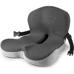 MYFAMIREA Truck Seat Cushion, Memory Foam Trucker Seat Cushion for Truck Driver Long Sitting with Adjustable Strap, Back Support and Pain Relief for Trucker Driving Car Office Chair and Pain (Average Size, Dark Gray+light Gray)