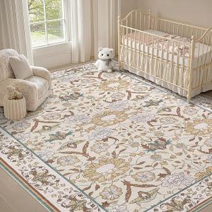 Nursery Rug 8'x10' for Kids & Girls - Washable Vintage Large Floral Area Rugs - Ultra Thin Stain Resistant Non Slip Carpets for Kids Playroom, Living Room, Bedroom, Dining Room, Office - Floral