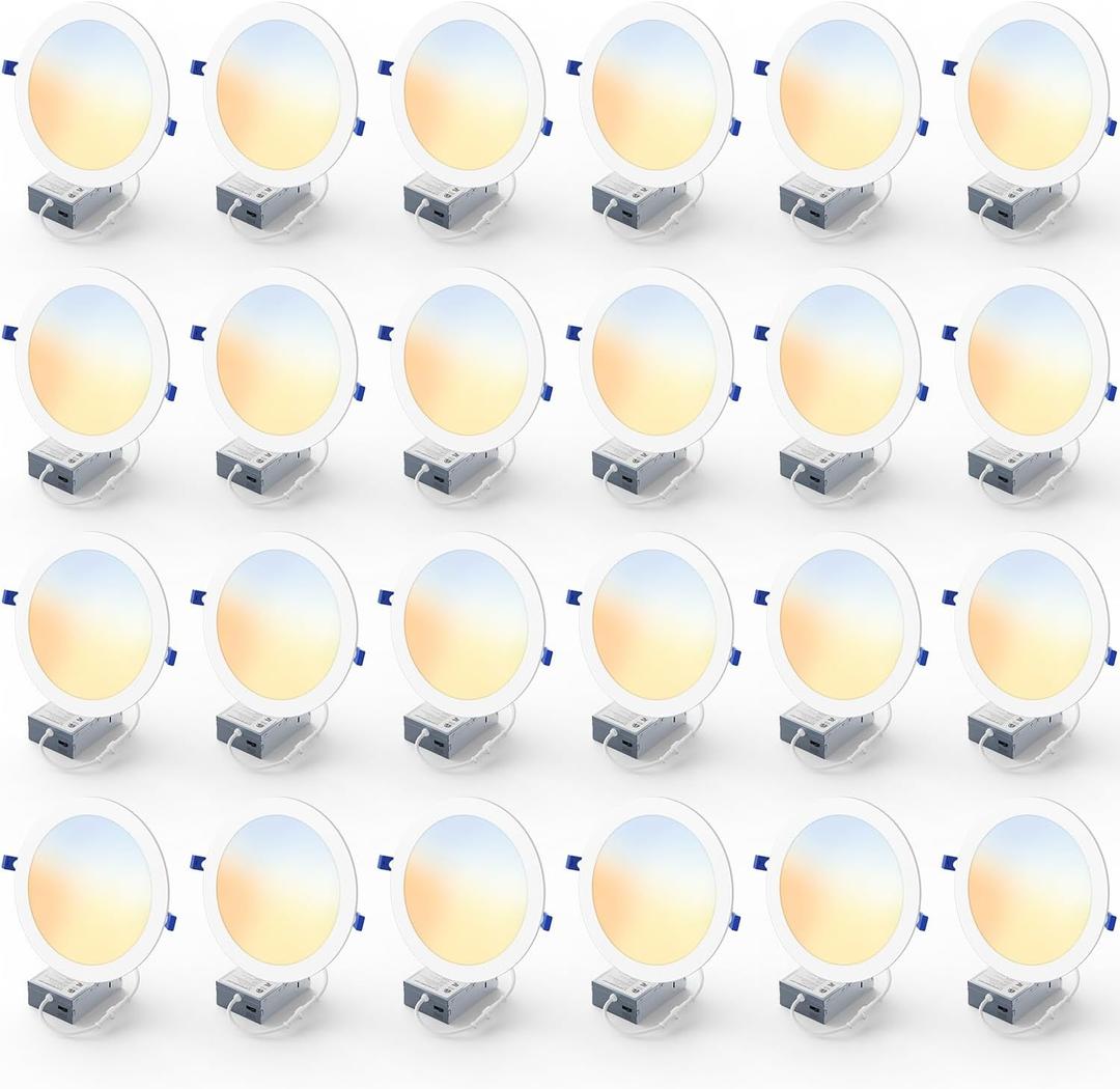 8 Inch LED Recessed Light, 5CCT, 1600LM, 18W, 24 Pack | 5%-100% Dimming, 2700K-5000K Selectable, 120V, Slim Canless Wafer Ceiling Downlight, Damp Rated, IC&ETL&FCC Certified