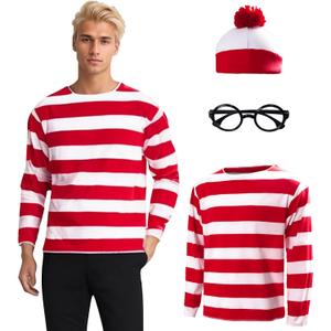 Deboyar Adults Red and White Striped Shirt Halloween Costume Shirt Glasses and Hat Suit (Large)