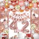 42nd Rose Gold Birthday Party Decorations for Women, Rose Gold Happy Birthday Banner, Fringe Curtains, Heart Foil Balloons, Confetti Balloons, Cake Topper for 42nd Birthday Decorations