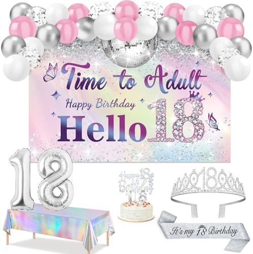 18th Birthday Decorations for Girls with Time to Adult Banner,Iridescence Tablecloth, Silver 18th Birthday Tiara and Sash, Birthday Cake Topper,Candles, 18 Number Balloons and Latex Balloons Arch