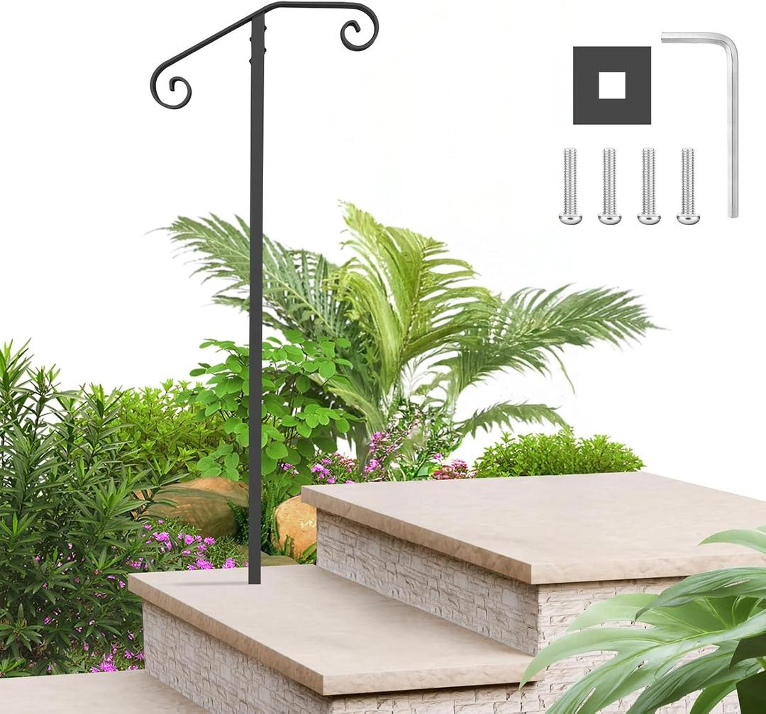 handrails for Outdoor Steps Single Post Handrails for Outdoor Steps Wrought Iron Single Post Handrail, Ground Long Post Fits 1 or 2 Steps Grab Rail Single Post Railing (1pcs Black)