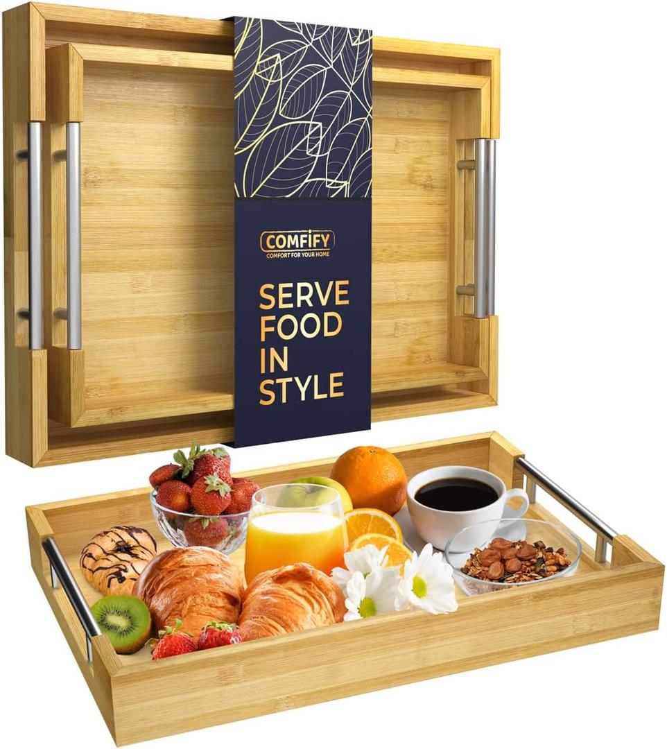 Comfify Decorative Bamboo Serving Trays with Silver Stainless Steel Handles  2-Piece Set for Coffee Table, Ottoman, Breakfast in Bed, Jewelry & Decor Organization  12"x17"  Pure Bamboo Finish