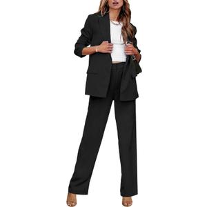 luvamia 2 Piece Outfits for Women Dressy Blazer Jackets High Waisted Straight Leg Pants Suits Set Business Casual Office (Medium, Black)