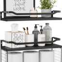 WOPITUES Floating Shelves with Wire Storage Basket, Bathroom Shelves Over Toilet with Protective Metal Guardrail, Wood Wall Shelves for Bathroom, Bedroom, Living Room, Toilet Paper-Black